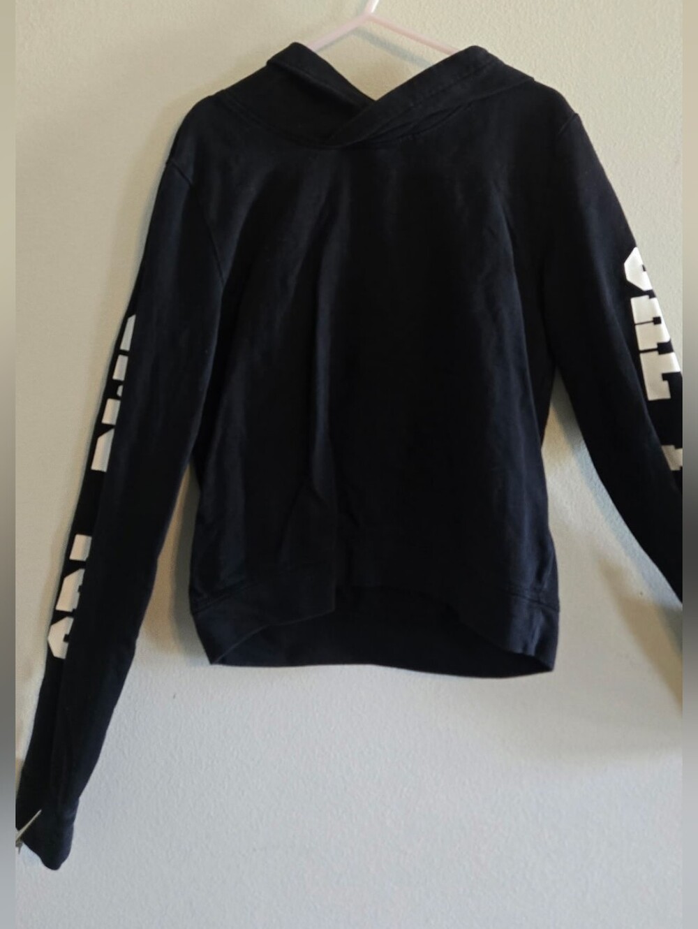 H&M Black Hoodie with White Logo Tag Girls 10/12 Girl Power AbbreviatedOn Sleeve